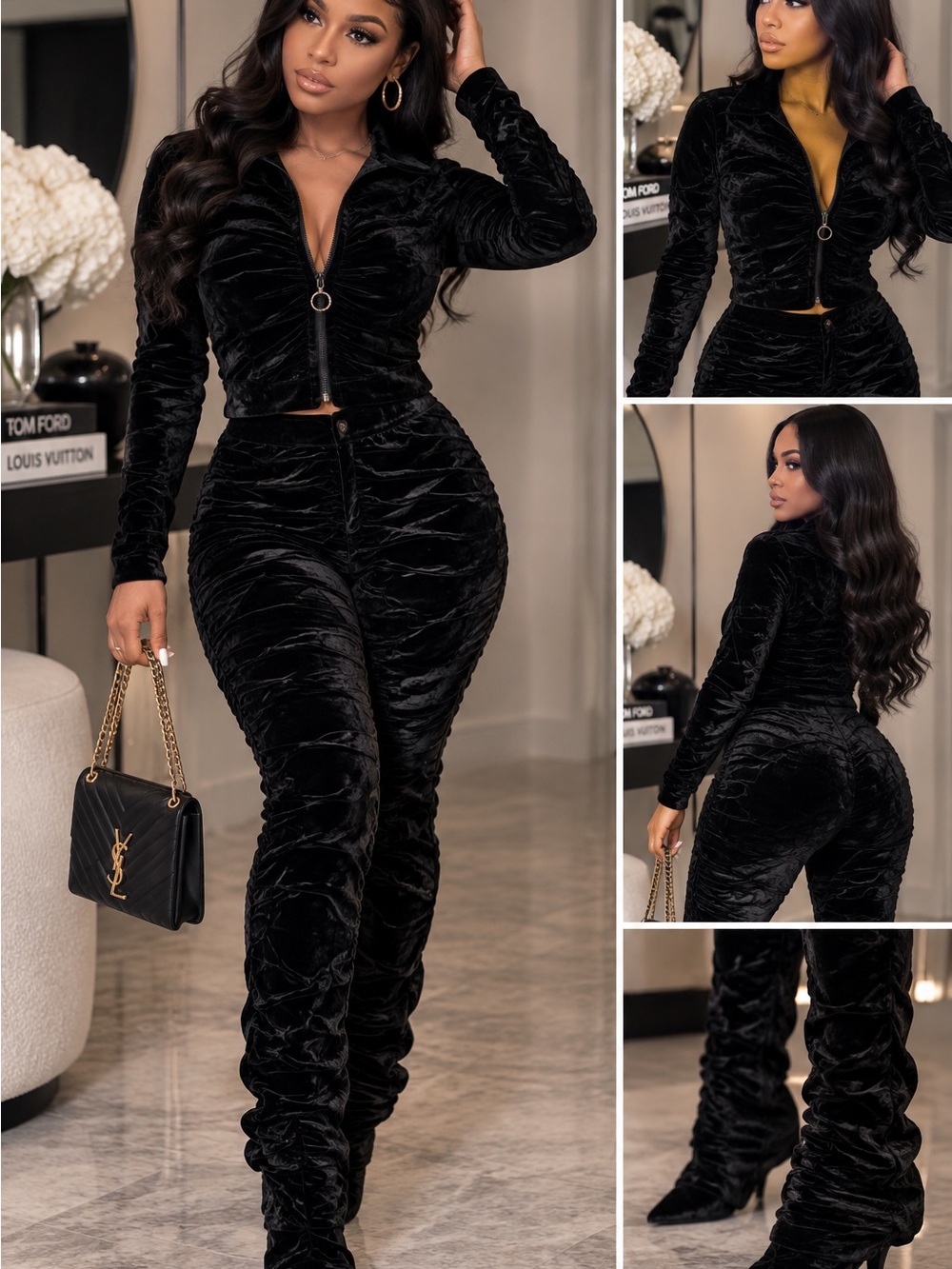 Black Velour Ruched Zip-Front Jogger Set
